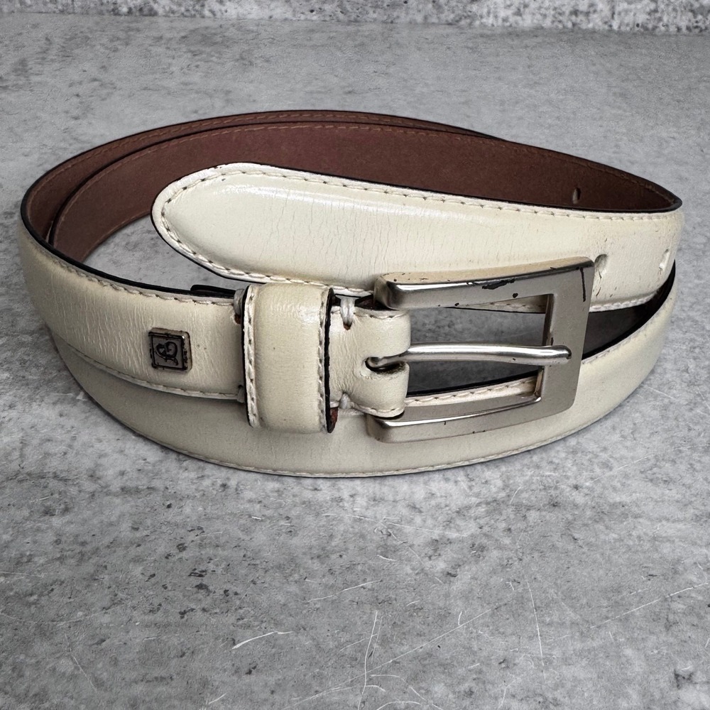 Fossil Womens Cream Genuine Leather Skinny Belt Silver Buckle BT7878100 Large